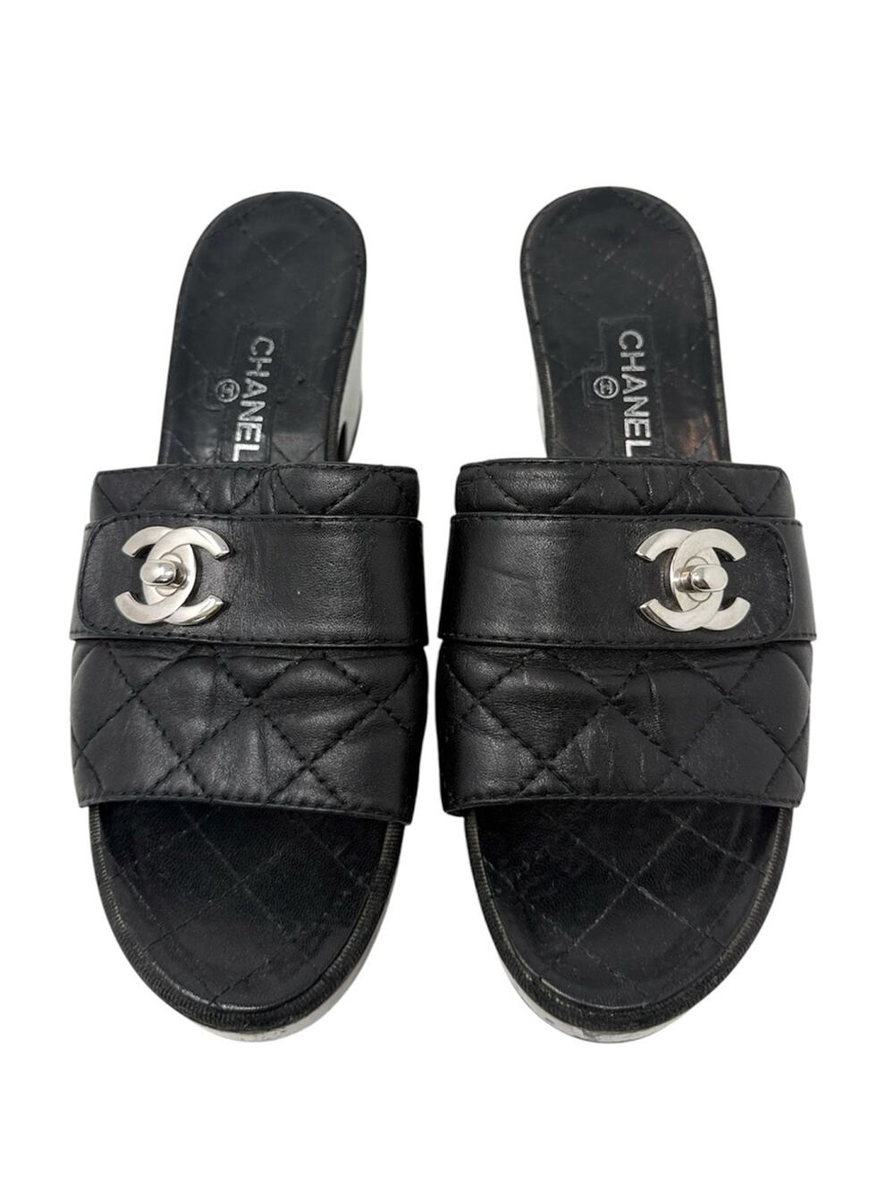 Chanel Black Quilted CC Slip On Turnlock Platform  Mules Slides Clogs Sandals 38